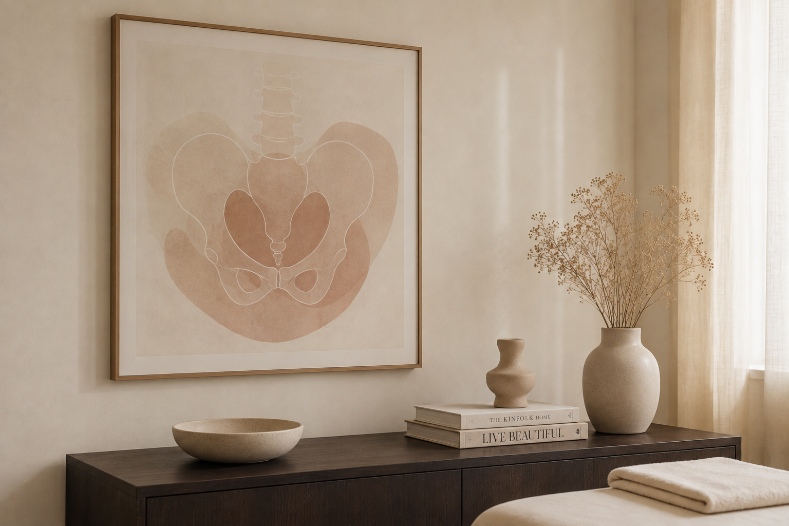 Anatomische illustratie van de bekkenbodem in een warme setting