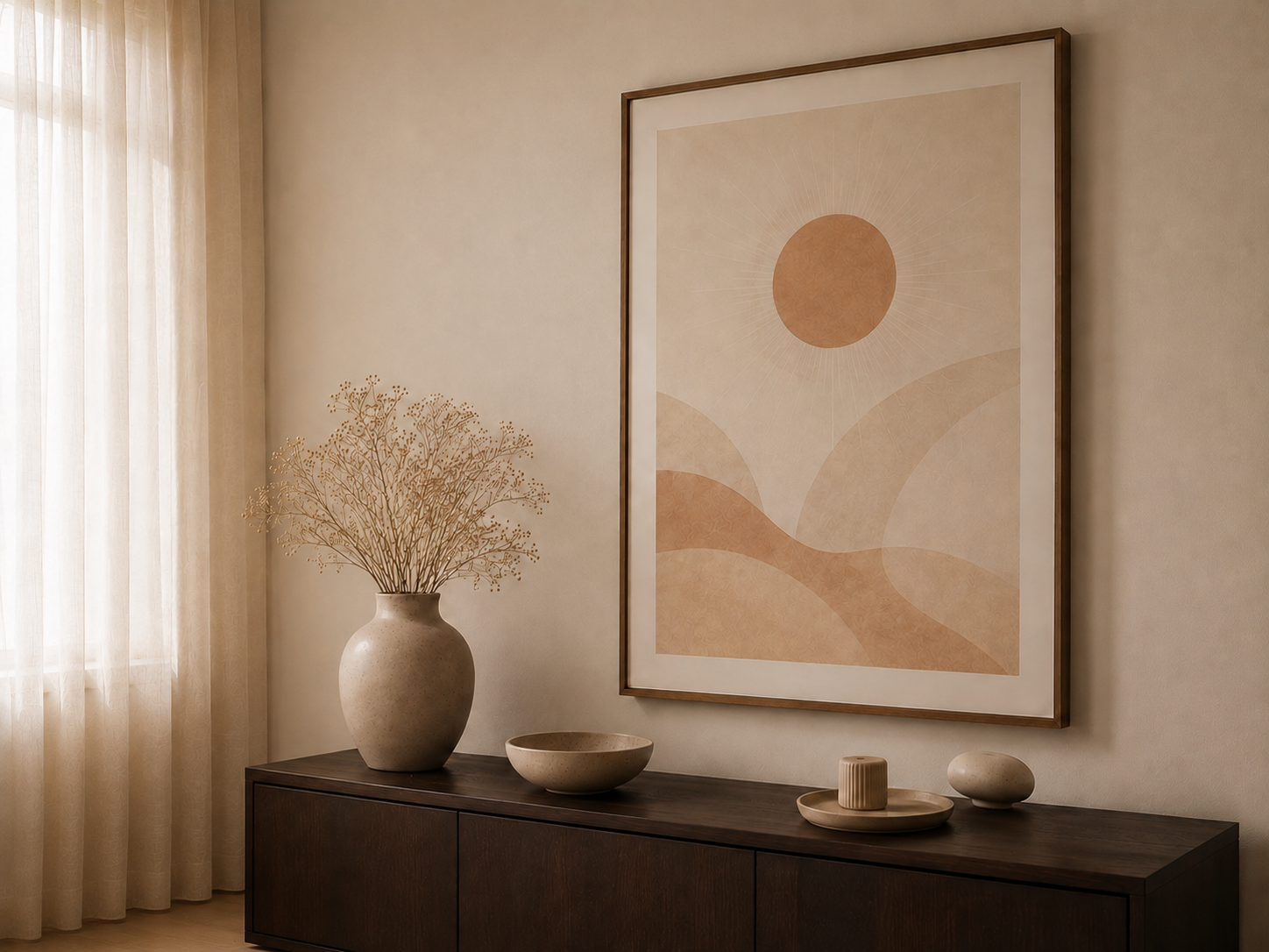 Minimalistisch kunstwerk met zon en heuvels in warme beige en terracotta tinten